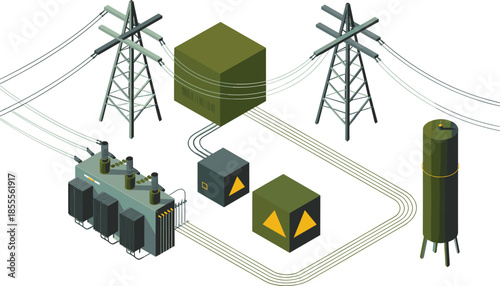 Isometric electrical power distribution system illustration, transformers substations transmission towers and control units, smart grid infrastructure, energy flow concept