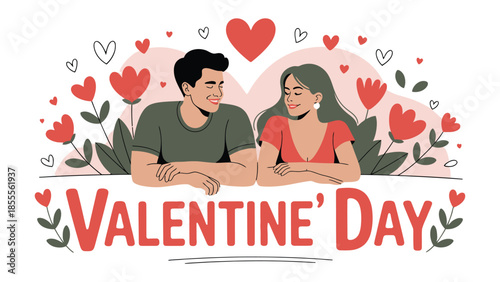 Valentine's Day Couple in Love: A romantic illustration portrays a couple gazing at each other with affection, framed by floral accents and a vibrant Valentine's Day greeting.