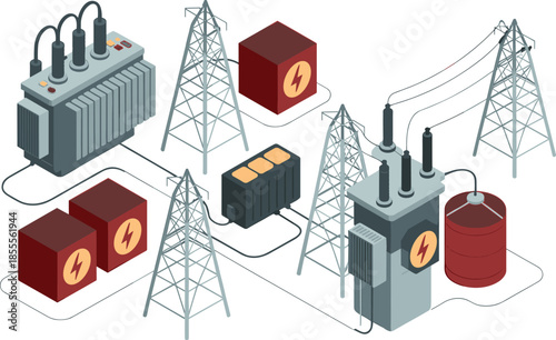 Isometric electrical power distribution system illustration, transformers substations transmission towers and control units, smart grid infrastructure, energy flow concept