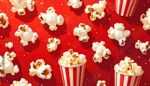 Popcorn delight: A vibrant red background with floating popcorn and striped buckets