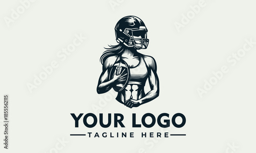 Vector logo of a female American football player holding a ball with a placeholder tagline on a clean background, conveying a strong sport vibe.
