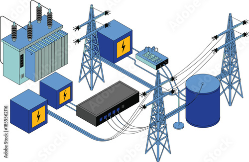 Isometric electrical power distribution system illustration, transformers substations transmission towers and control units, smart grid infrastructure, energy flow concept