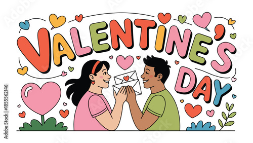 Valentine's Day: A Sweet Exchange of Love: Two individuals, bathed in affection, engage in a heartfelt moment, exchanging heartfelt messages and tokens of love in this whimsical illustration.