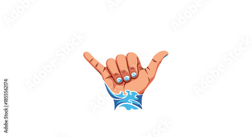 Cool illustration of a shaka hand sign with a blue wave tattoo on the wrist and water drops on the fingernails.