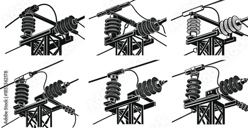 High voltage power line insulator vector set, detailed electrical equipment illustration, industrial energy infrastructure components, utility transmission system design
