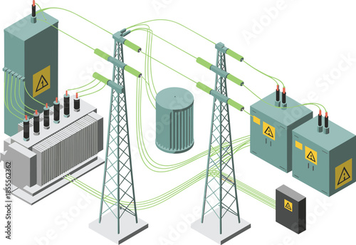 Isometric electrical power distribution system illustration, transformers substations transmission towers and control units, smart grid infrastructure, energy flow concept