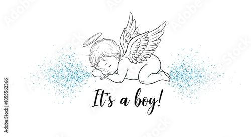 Charming 'It's a boy!' baby announcement with a sketched sleeping cherub on a background of a soft blue paint splash.