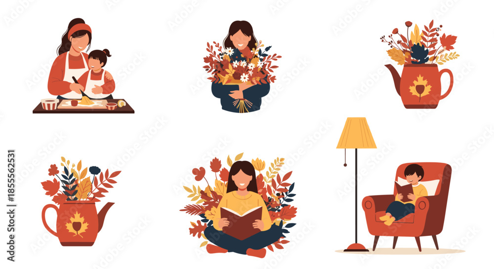 Fototapeta premium Cozy collection of illustrations showing women and children enjoying autumn activities like baking, reading, and holding bouquets.
