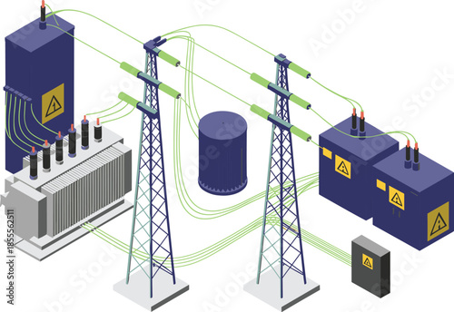 Isometric electrical power distribution system illustration, transformers substations transmission towers and control units, smart grid infrastructure, energy flow concept