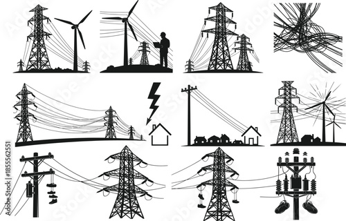 High voltage power lines, electricity transmission towers, wind turbines and energy infrastructure silhouettes illustrating modern power grid and renewable energy systems