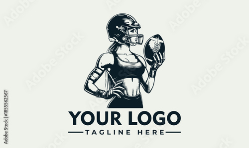 Vector logo design featuring a muscular woman in a sports bra and rugby helmet holding a rugby ball with a placeholder tagline on a light gray background.