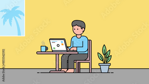Remote Work from Home Man Working on Laptop Digital Nomad Lifestyle logotype icon ilustrative.
