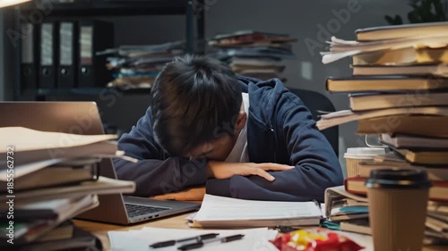 Exhausted Asian Teenager Overwhelmed by Studies Collapses at Messy Desk at Night