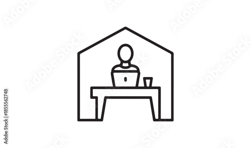 Clean vector illustration of a person working on a laptop inside a house outline, symbolizing remote work.