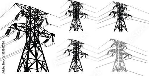 High voltage power transmission tower illustration set, electrical grid infrastructure artwork, industrial energy line structures, utility pylon engineering design collection