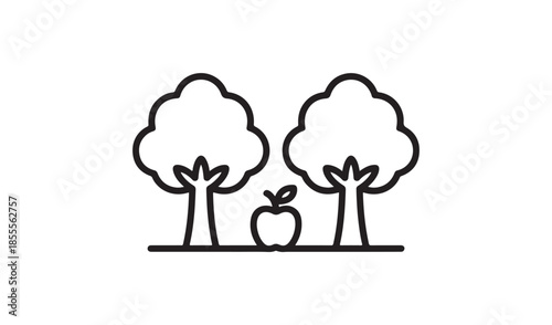 Minimalist line art illustration of two trees and an apple, representing nature, growth, organic produce, or a simple landscape
