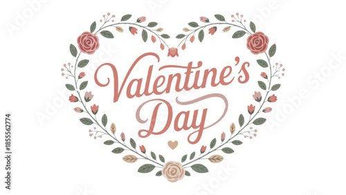 Valentine's Day Heart: A romantic depiction of Valentine's Day is elegantly framed within a heart-shaped wreath of flowers and leaves, symbolizing love and affection.