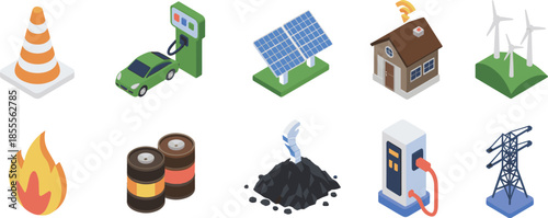 Isometric energy icons set, renewable and traditional power sources, electric car solar wind fossil fuels, smart home electricity concept