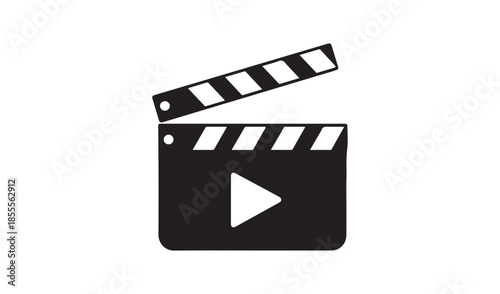 Clapperboard with play button, signifying filmmaking, video production, and movie making. Simple black and white vector.