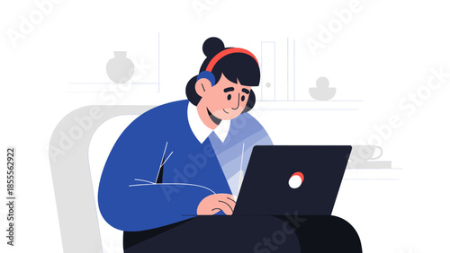 Young Woman Working on Laptop Remote Work Online Learning  Digital Productivity logotype icon ilustr.