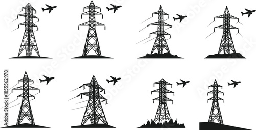 High voltage power transmission tower silhouettes with flying airplanes, industrial energy grid structures, aviation and infrastructure illustration design in black and white