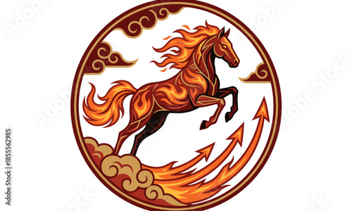 A fire horse in mid-gallop within a circular frame, surrounded by flames and clouds, symbolizing the Chinese New Year Fire Horse concept with vibrant orange and red hues.