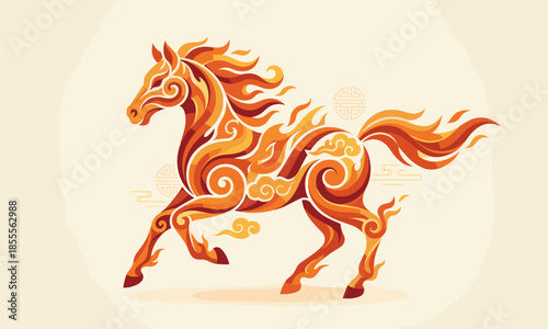 A Fire Horse from the Chinese New Year concept, with swirling patterns and flames, set against a pale background.