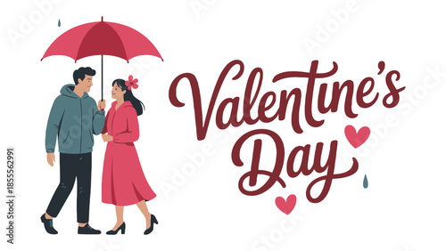 Romantic Rendezvous: A couple shares an intimate moment under a sheltering umbrella, celebrating love during Valentine's Day. The scene exudes tenderness and joy. 