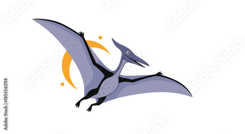 Simple and cute illustration of a purple pterodactyl dinosaur flying gracefully in front of a yellow crescent moon and stars.
