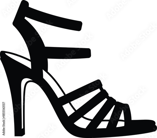Black silhouette of a stylish woman high heel sandal with ankle straps and multiple bands isolated on white background for fashion design and shopping icon.