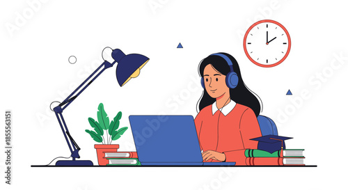 Young woman wearing headphones studying online with her laptop at a desk with books, a lamp, and a potted plant.