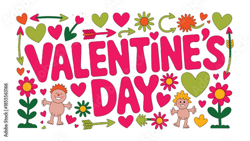 Valentine's Day Delight: A vibrant design celebrating Valentine's Day, filled with hearts, cherubs, arrows, and floral motifs, radiating love and affection.