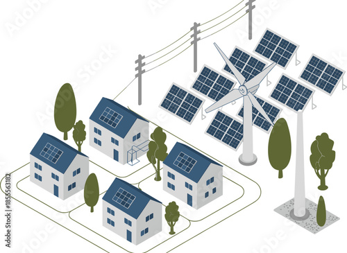 Isometric renewable energy neighborhood illustration, solar powered homes wind turbine and solar farm, smart grid electricity distribution, sustainable living concept