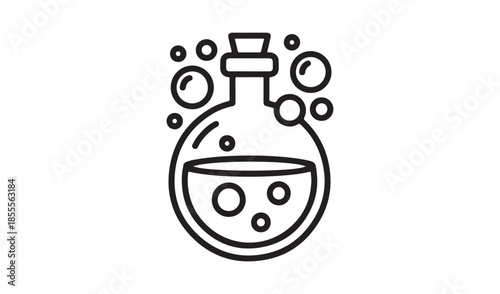Round Science Flask with Bubbles and Stopper Line Art Icon for Chemistry Experiments and Laboratory Research
