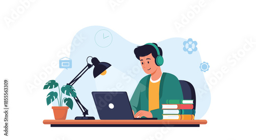 Young man wearing headphones studying online at his desk with a laptop, books, and a lamp in a comfortable home office environment.