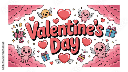 Valentine's Day Delight: A heartwarming illustration bursting with love, featuring cherubic figures, hearts, gifts, and a whimsical touch, perfect for celebrating this day of affection.