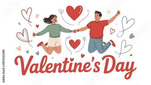 Valentine's Day Couple's Joyful Leap: Depicting a spirited couple leaping with joy, intertwined hands and soaring hearts celebrate the spirit of Valentine's Day.