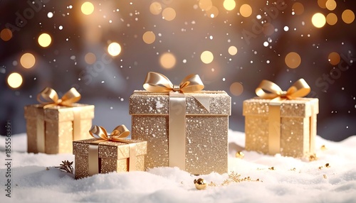Four golden gift boxes adorned with elegant bows sit in fresh, sparkling snow with blurred background lights
