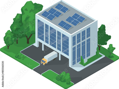 Isometric smart factory illustration with rooftop solar panels, sustainable industrial building, green energy powered logistics center, modern eco technology concept