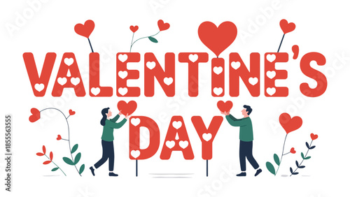 Valentine's Day Illustration: A charming Valentine's Day illustration depicts the joyful spirit of love. Two figures are interacting and holding hearts to create letters.