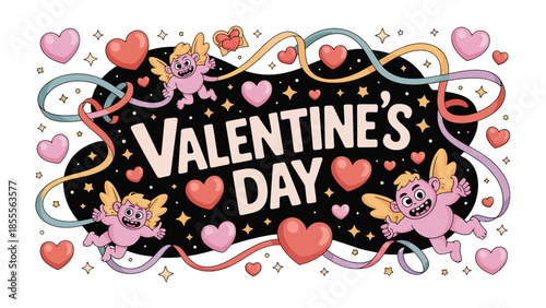 Valentine's Day Illustration: A vibrant Valentine's Day illustration featuring cherubic figures, hearts, and ribbons that conveys a sense of affection and romance.