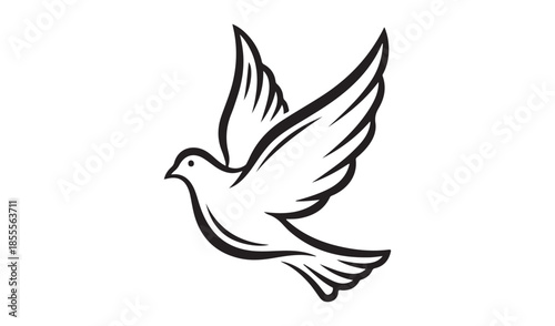 Stylized dove with spread wings in flight, symbolizing peace, freedom, and hope. Elegant black and white line art.