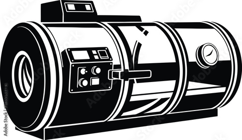 Modern hyperbaric oxygen therapy chamber silhouette icon with pressure gauge and digital control panel for medical healthcare wellness treatment isolated on white background vector.