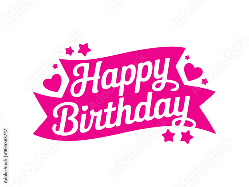Pink ribbon with white text happy birthday and stars lettering celebration greeting