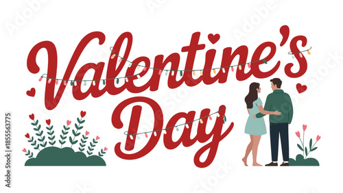 Valentine's Day Illustration: A charming illustration captures the essence of Valentine's Day with a heartwarming scene of a couple, surrounded by delicate hearts and festive decorations.
