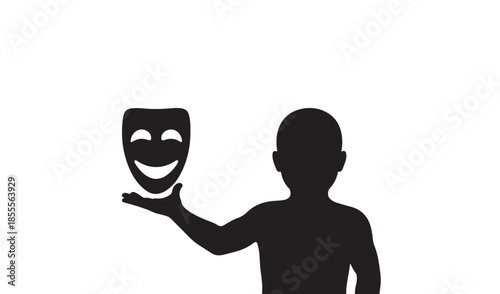 Silhouette of a Young Child Holding a Smiling Theater Mask for Drama Performance and Identity Concepts