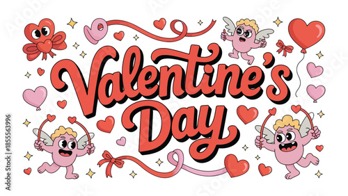 Valentine's Day Delight: A vibrant design celebrating love, featuring charming cupids, hearts, and romantic decorations, perfect for expressing affection and joy.