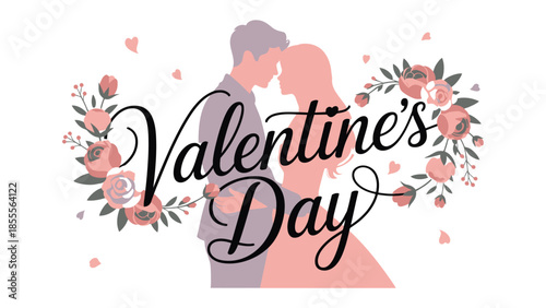 Valentine's Day Couple in Love: A romantic depiction of a couple sharing a tender moment, encircled by floral elements, celebrating the spirit of Valentine's Day and the joy of love and affection.