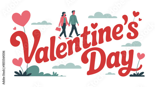 Valentine's Day illustration: An artistic depiction of Valentine's Day, featuring a couple walking together, hearts and the text Valentine's Day.