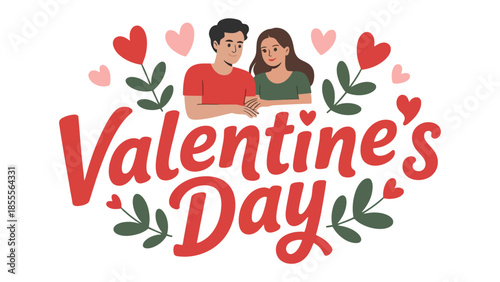 Valentine's Day Couple in Love: A tender Valentine's Day illustration, featuring a loving couple surrounded by hearts and floral elements, embodying the spirit of romance and affection.